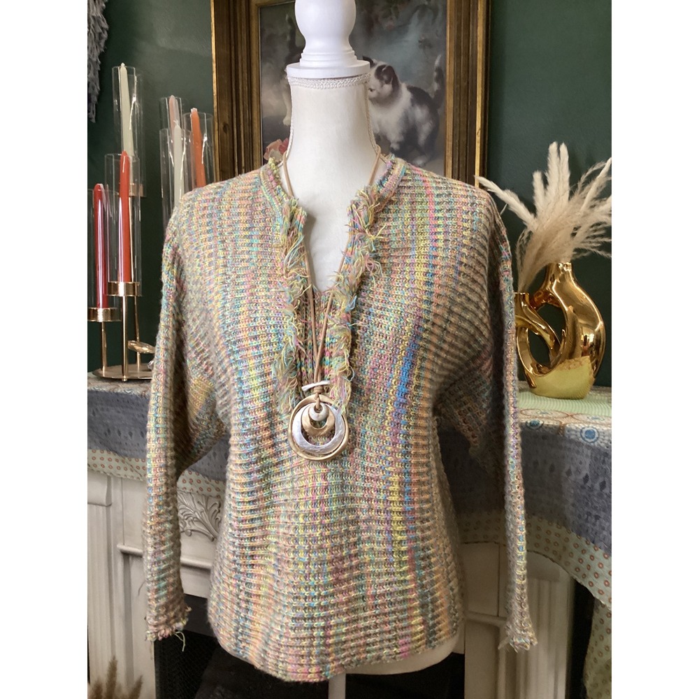 Ces Femme Multi Color Pastel Fringe V-Neck Chunky Knit Sweater Small TIS12232